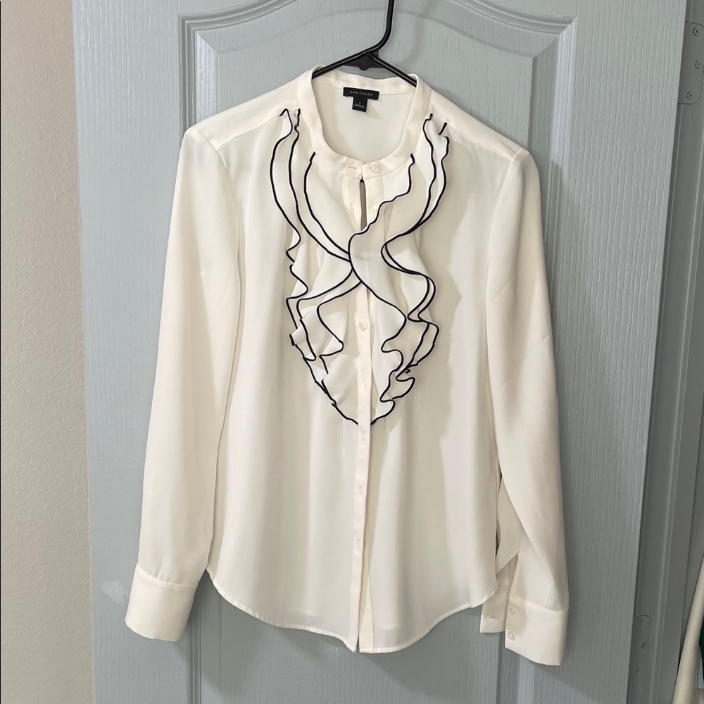 Ann Taylor Ivory Blouse with Black Ruffle Detail